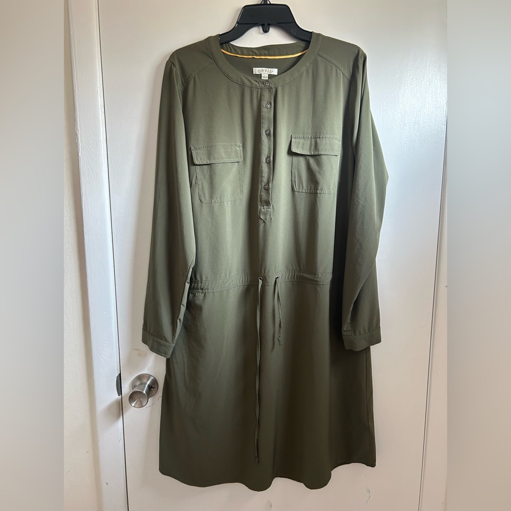Orvis Women’s L Army Green Button Down Utility Drawstring Waist Short Dress